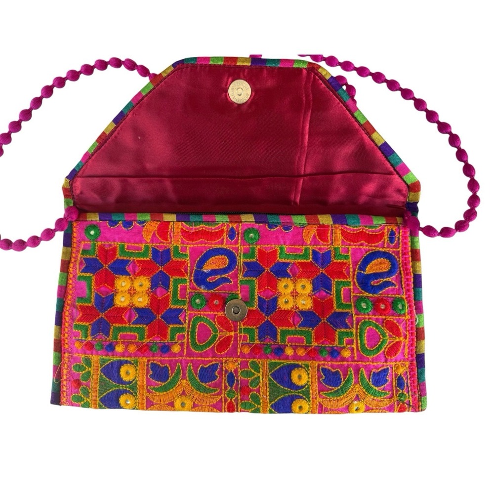 Boho Embroidered Clutch Purse Pink Multicolor Ethnic Crossbody Festival Bag - Picture 5 of 9